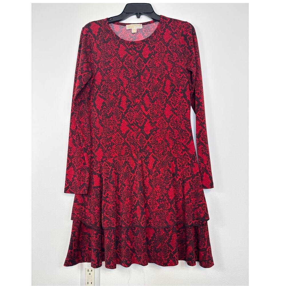 Michael Kors Red Black Snake Print Tiered Flounce Dress Medium Flowy Designer